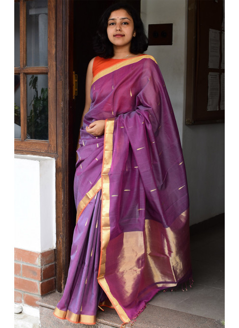 Pinkish Purple, Handwoven Organic Cotton, Textured Weave , Jacquard, Festive Wear, Jari, Butta  Saree